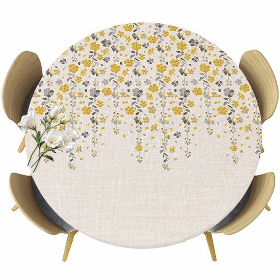 Weeping Flowers Table Cloth, Round Fitted Tablecloths with Elastic Edge, Yellow Grey Spring Floral Rustic Burlap Wipeable Waterproof Table Cover for Kitchen Wedding 36-44 Inches