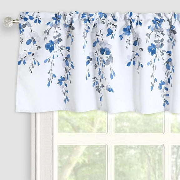Weeping Flowers Valance Curtain for Windows,Floral Short Curtains Valance for Living Room Kitchen Rod Pocket 52 × 16 Inches Blue and Gray
