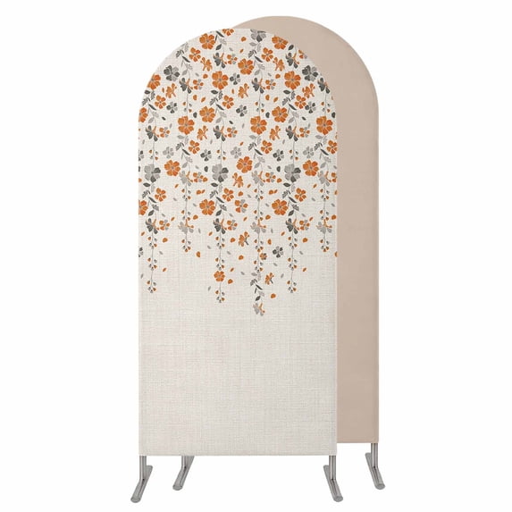 Weeping Flowers Wedding Arch Cover,Stretchy Spandex Arch Backdrop Stand Covers 7.2 FT,Orange Grey Spring Floral Botanical Rustic Burlap Round Top Arched Backdrop Cover for Birthday Party Baby Shower