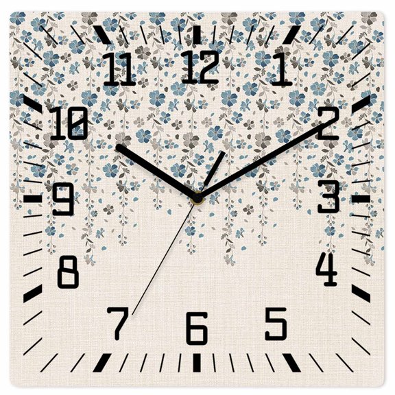 Weeping Flowers Wooden Wall Clock Silent Non Ticking, Blue Grey Spring Floral Botanical Rustic Burlap Square Wall Clocks Battery Operated, Decor Clock for Home Office, Living Room, Kitchen, 10 Inch