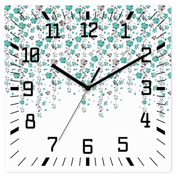 Weeping Flowers Wooden Wall Clock Silent Non Ticking, Teal Grey Summer Spring Floral Botanical Art Square Wall Clocks Battery Operated, Decor Clock for Home Office, Living Room, Kitchen, 12 Inch