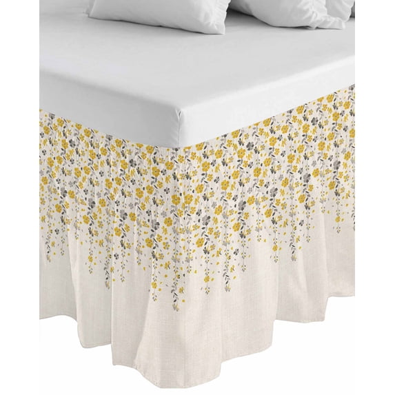 Weeping Flowers Wrap Around Bed Skirts for Queen Bed 16" Drop,Bed Skirt with Adjustable Elastic Belt Dust Ruffle Bed Valance for Bedroom Hotel Yellow Grey Spring Floral Rustic Burlap Bed Frame Cover