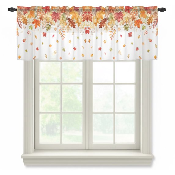 Weeping Maple Leaves Fall Sheer Curtains Valances for Windows Thanksgiving Botanical Chiffon Kitchen Valances for Cafe, Rod Pocket Voile Window Treatments Curtains for Living Room Bedroom, 42"x18"