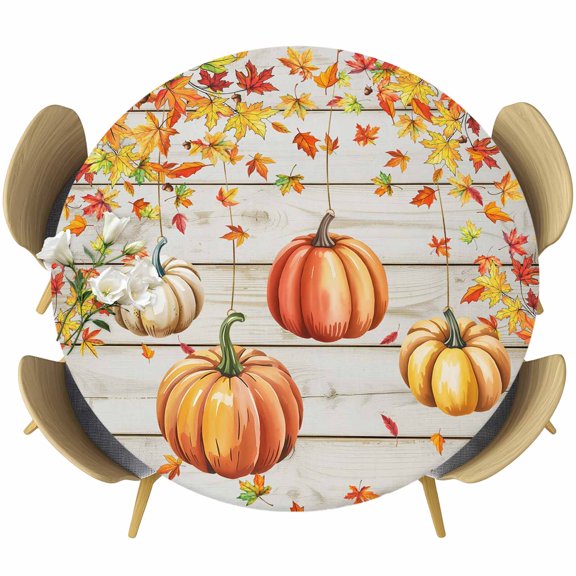 Weeping Pumpkin Fall Round Tablecloth, Fitted Table Cover with Elastic for 36"-44" Round Tables, Thanksgiving Maple Leaves Wood Table Cloth Outdoor Indoor Dinning Party Waterproof Tablecloths