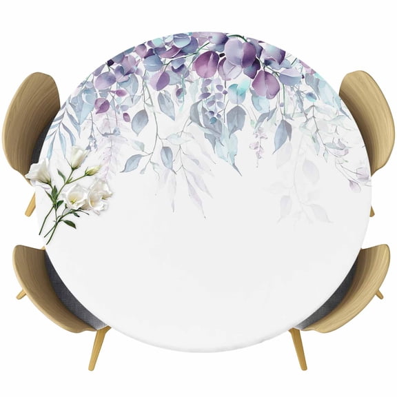 Weeping Purple Aqua Botanical Table Cloth, Round Fitted Tablecloths with Elastic Edge, Spring Eucalyptus Leaves Wipeable Waterproof Table Cover for Kitchen Wedding 36-44 Inches