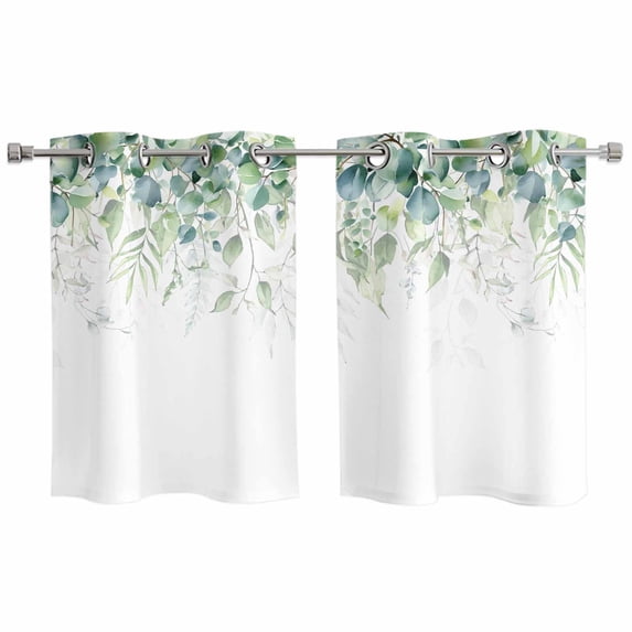 Weeping Teal Botanical Kitchen Curtains Small Short 39 Inch Length, Spring Eucalyptus Leaves Grommet Top Bedroom Living Room Curtains, Light Filtering Cafe Curtain Drapes 2 Panels Set 55''x39''