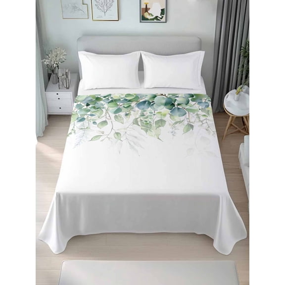 Weeping Teal Botanical Queen Size Flat Sheet, Wrinkleproof & Fadeproof Cooling Flat Bed Sheet Only, Spring Eucalyptus Leaves Breathable Soft Bedding Top Sheets 90 x 102 Inches