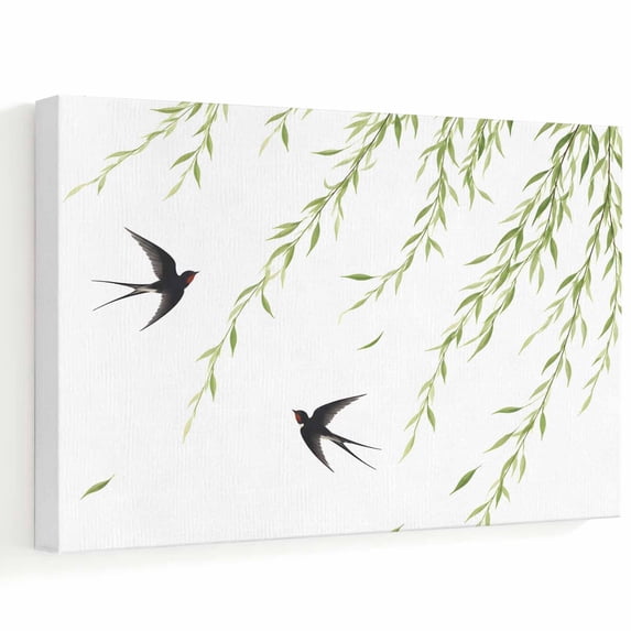 Create Leaf Spring Weeping Willow Branch Canvas Wall Art, Spring Rustic Flying Swallows ...