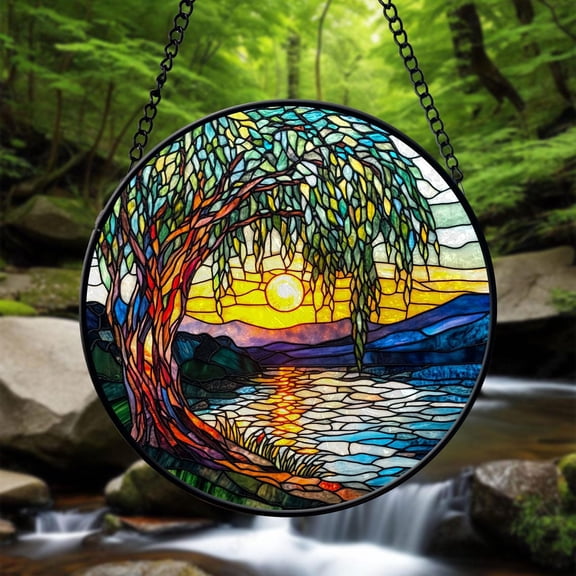 Weeping Willow Faux Glass Suncatcher, Window Hangings For Garden, House Decoration, Housewarming Gift, Willow Tree Decor, Suncatcher Window Hanging, 3.5 in