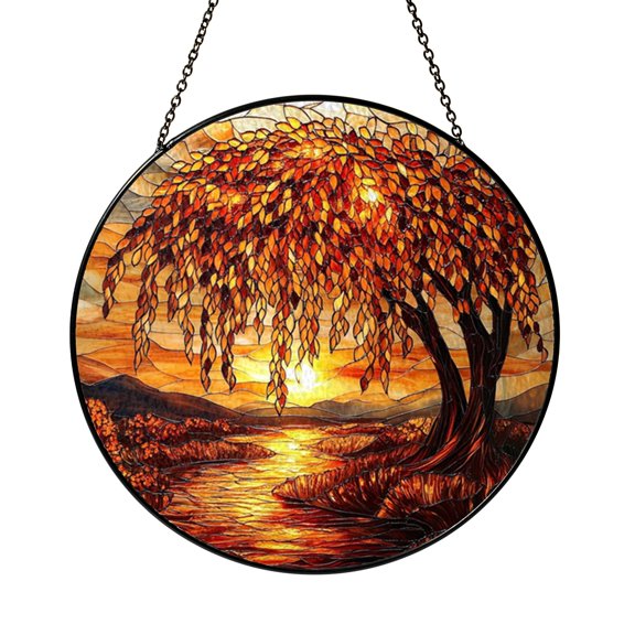 Weeping Willow Nature Stained Glass Window Decor, Tranquil Tree Scene Suncatcher For Home