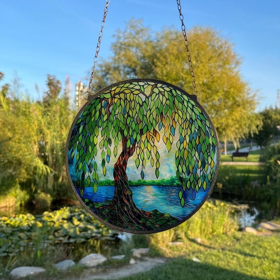 Weeping Willow Painted Stained Glass Suncatcher, Window Hanging Decor, Outdoor Sun Catcher Decor, Willow Wall Decor