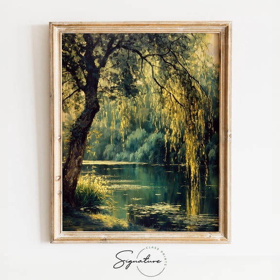 Weeping Willow, Serene Pond Reflections, Golden Sunlight, Nature Art, Summer Wall Decor, Peaceful Landscape, 964 Unframed Paper Print