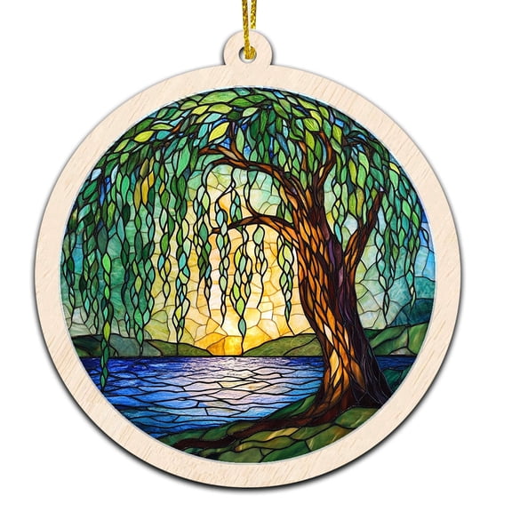 Weeping Willow Stained Glass Suncatcher Ornament Text Christmas 2025 Tree Decoration Gift for Family, Friends, Man & Woman