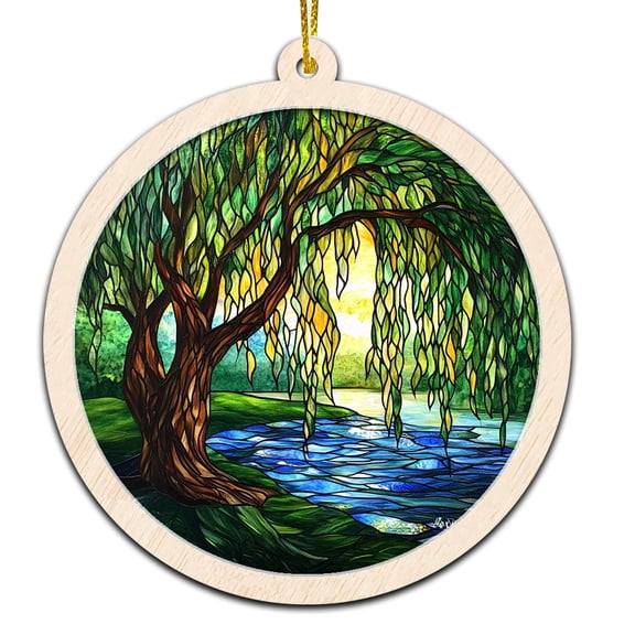 Weeping Willow Stained Glass Suncatcher Ornament Text Christmas 2025 Tree Decoration Gift for Family, Friends, Man & Woman