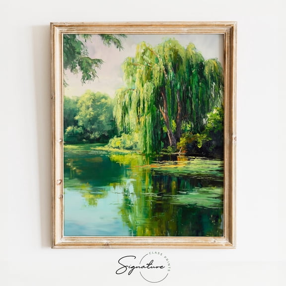 Weeping Willow, Tranquil Pond Scene, Lush Greenery Reflections, Nature Art, Summer Wall Decor, Peaceful Landscape, 963 Unframed Paper Print
