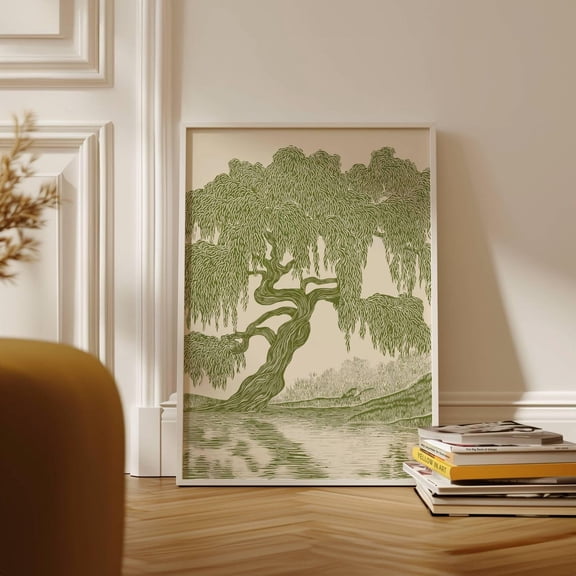 Weeping Willow Tree Print, Olive Green Wall Art, Linocut Print, Willow Tree Painting, Willow Tree Illustration, Olive Green Decor, Poster Only