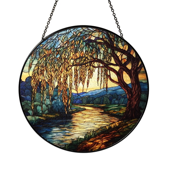 Weeping Willow Tree Stained Glass Suncatcher Round Window Hanging Nature Lover Memorial Decor Gift