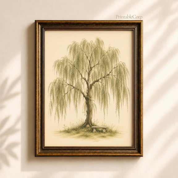 Weeping Willow Tree Wall Art Print Vintage Botanical Decor Cottagecore Nature Illustration