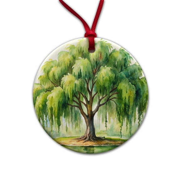 Weeping Willow Tree Watercolor Christmas Tree Holiday Round Ceramic Ornament