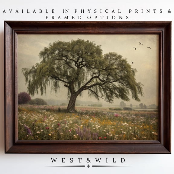 Weeping Willow Tree Wildflower Wall Arts Willow Tree Artwork Field Of Wildflowers Art Moody Tree Art, Unframed Paper Print