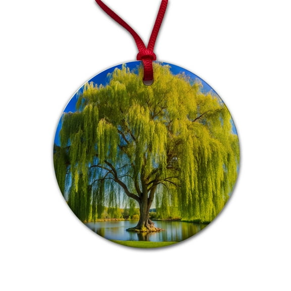 Weeping Willow Tree in Pond Christmas Tree Holiday Round Ceramic Ornament