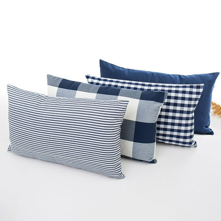 Weerihhol Pillow Cover Navy Blue Decorative Pillow Cover With Plaid Farm Throw Pillows