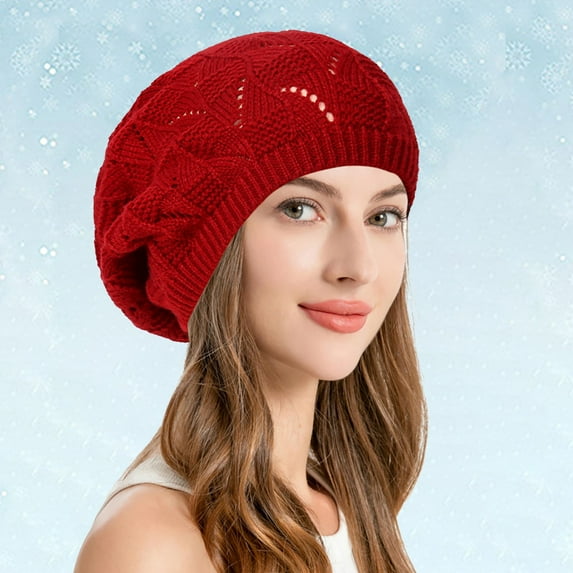 Weerihhol Soft Knit Airy Cutout Lightweight Slouchy Crochet Beret Hat French Women Winter