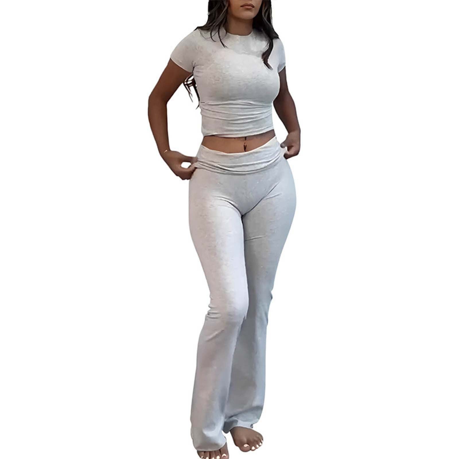 Heather Grey Short-Sleeved Lounge Set with Flare Leggings