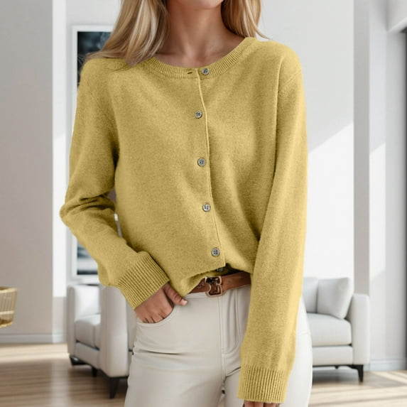 Weerihhol Women's Cardigan Sweater Classic Crew Neck Button Collar Knit Front Open Work Cardigan Women