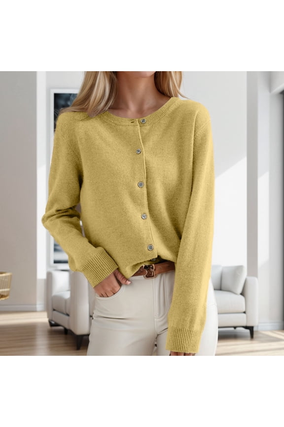 Women's Cardigan Sweater Classic Crew Neck Button Collar Knit Front Open Work Cardigan Women