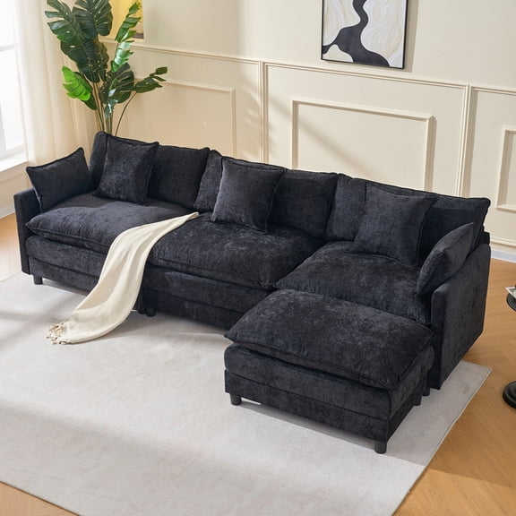 Weetoo 108" Modern Cloud Couch, 3-Seater Chenille Fabric Modular Sectional with Ottoman, Deep Seat L-Shaped Sofa with Pillows, Black