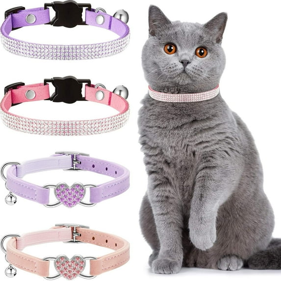 Minzimin 4 Pcs Rhinestone Cat Collar Heart Bling Breakaway Girl Cat Soft Velvet Fancy Adjustable Safety Kitten Collar with Bell for Kitty(Pink, Purple)