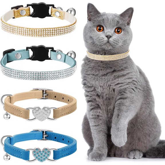Minzimin 4 Pcs Rhinestone Cat Collar Heart Bling Breakaway Girl Cat Soft Velvet Fancy Adjustable Safety Kitten Collar with Bell for Kitty(Pink, Purple)