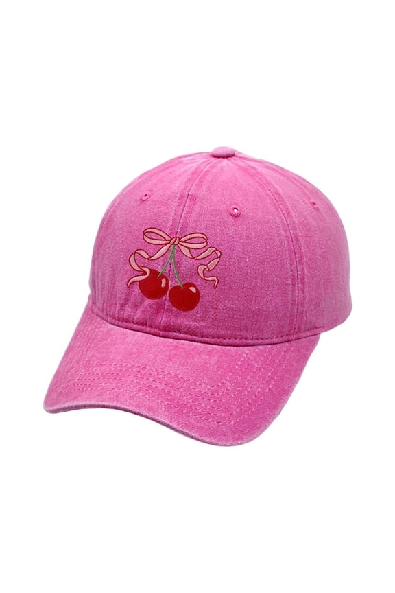 Adjustable Wash Cotton Baseball Caps with Bowknot Cherry Design Sun Protective Headwear for Women Girl Outdoor Activity