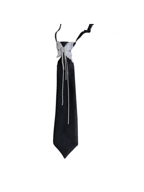 Butterfly Black Ties for Senior High School Girl Uniform Pre-tied Preepy Look Adjustable Neck Ties with Rhinestones