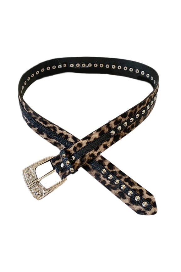 Edgy Rivets Waistband Leopard Pattern PU Belt Retro 2000s Punk Rock Waist Cincher Accessory for Jeans and Dresses