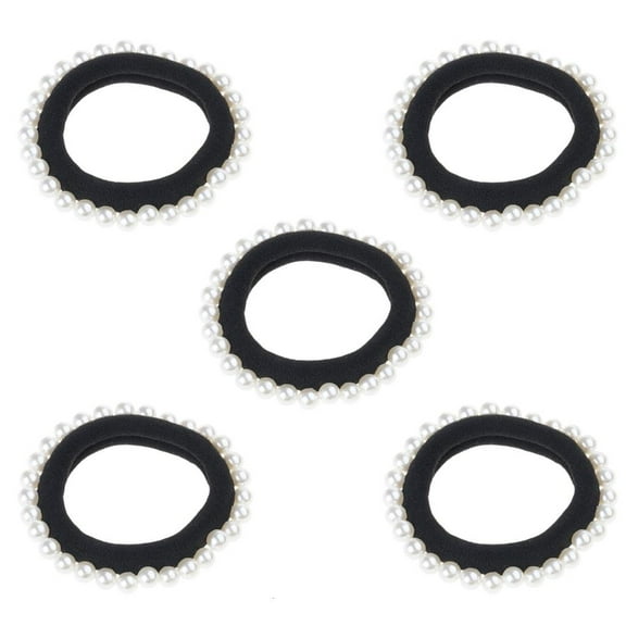 Weflink Elegant Artificial Pearls Hairband For Women 5PCS Soft Elastic Scrunchies Ponytail Holder for Various Occasion and Outfit