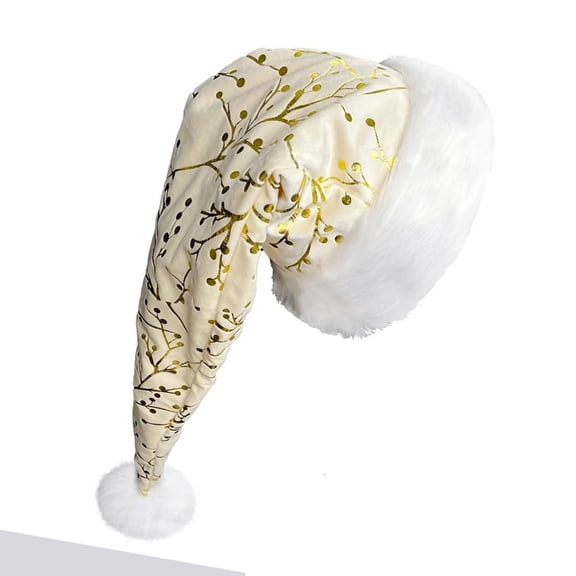 Weflink Elegant Golden Branch Christmas Hats Plush Trim Warm Unisex Santa Cap For Holiday