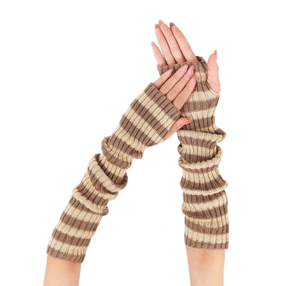 Weflink Elegant Long Cuffs Gloves Striped Knitted Design Women Winter Fashion Accessory