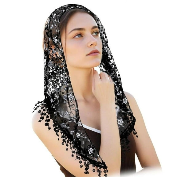 Weflink Mantilla Veils Latin Mass Lace Flower Spanish Headwrap Catholic Chapel Shawl for Religious Event and Formal Occasion