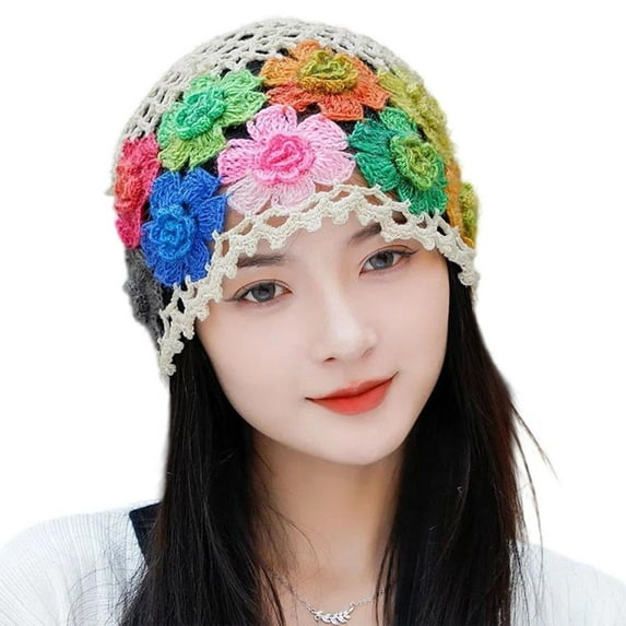 Weflink Openwork Crochet Cap Cotton Yarn Flower Pattern Pullover Hat for Women