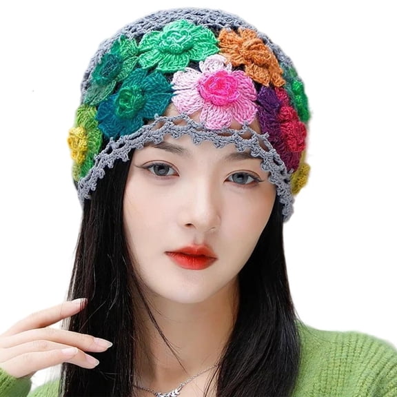 Weflink Openwork Crochet Cap Cotton Yarn Flower Pattern Pullover Hat for Women