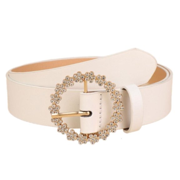 Weflink Round Clasp Rhinestoned Accent Waist Belt For Women’s Clothing PU Adjustable Waist Strap Decorative Waistband