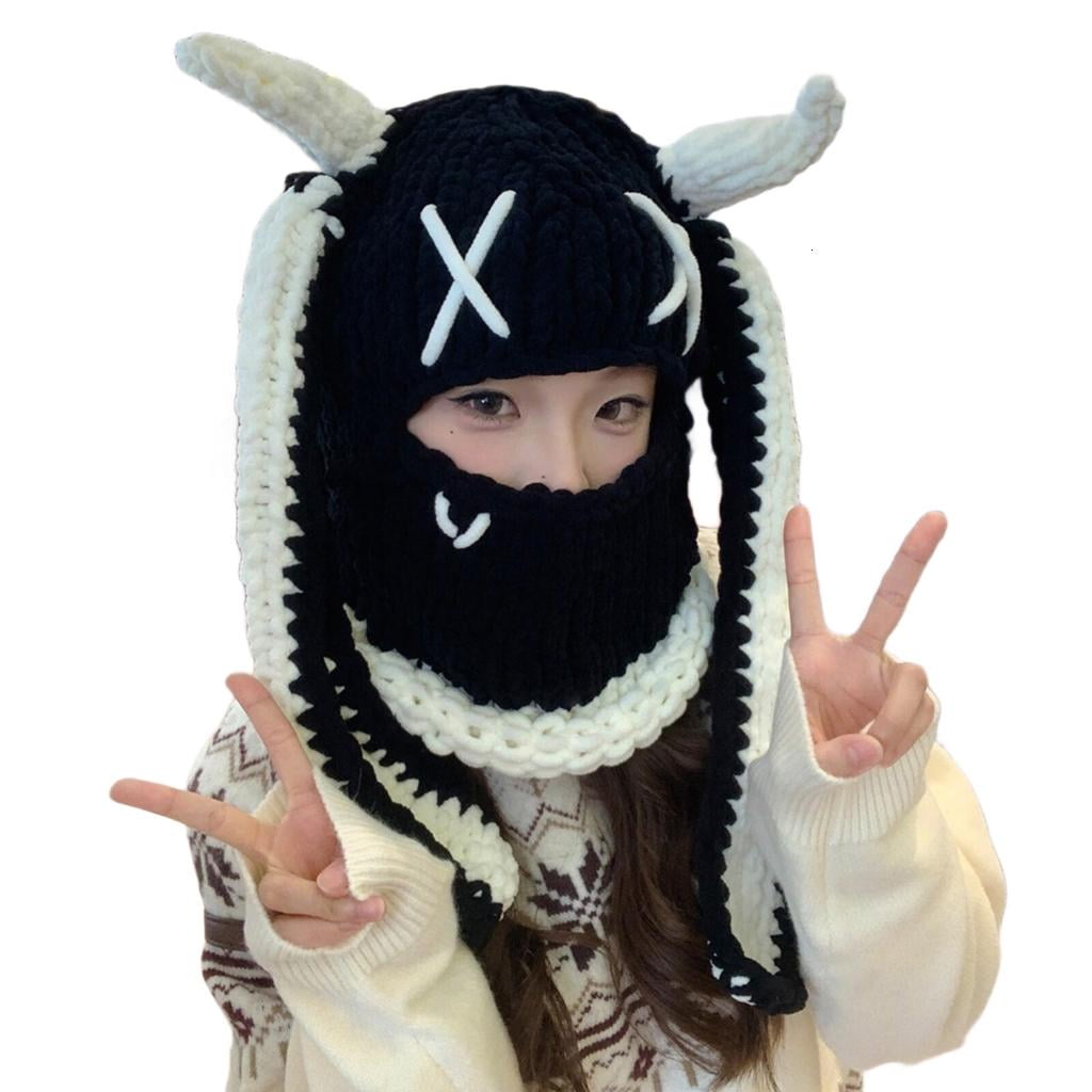 Weflink Winter Warm Balaclava With Rabbit Ears Soft Acrylic Face For Outdoor Activity