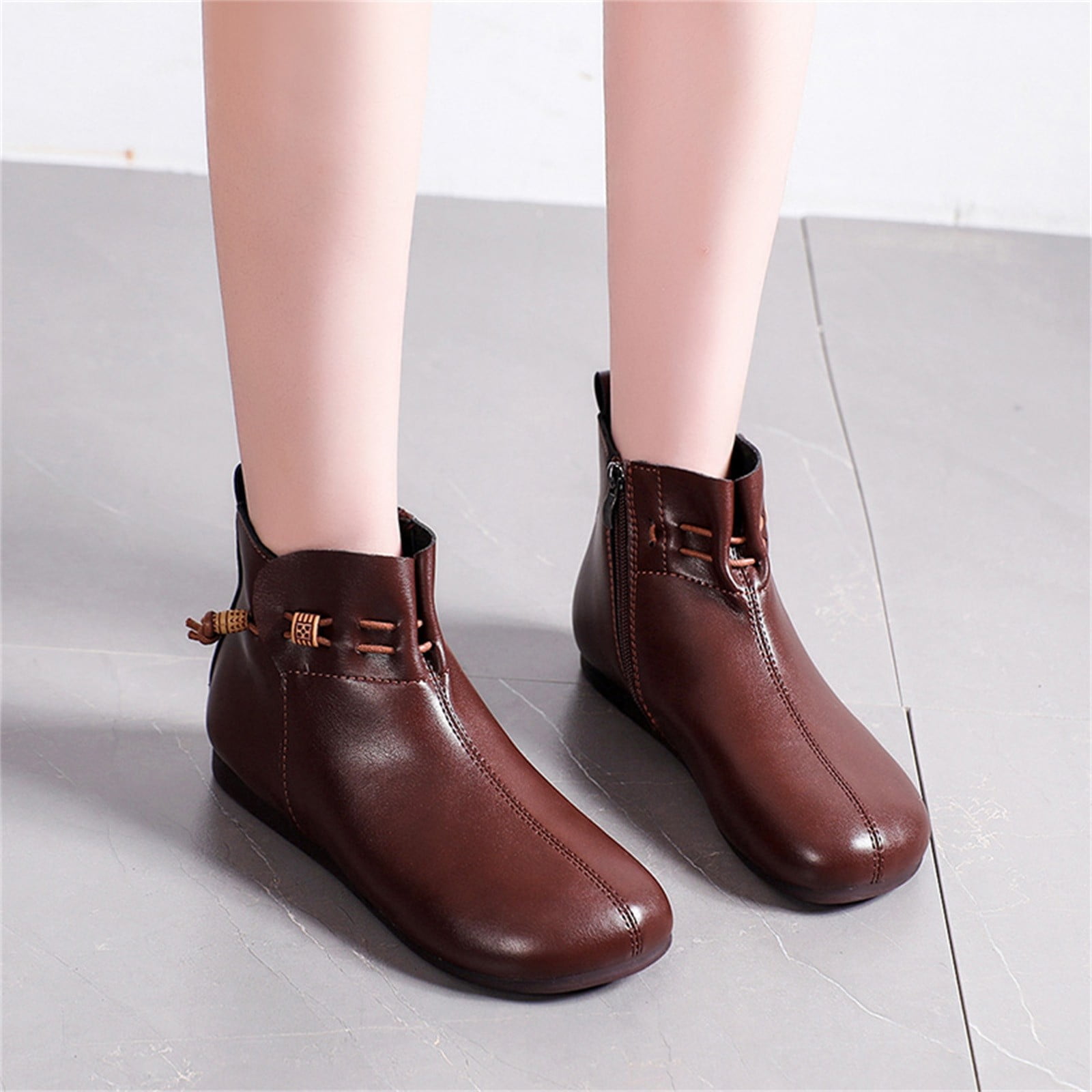 Wefuesd Fashion Autumn Women Ankle Boots Round Toe Flat Soft Bottom Comfortable Zipper Solid Color Womens Fashion Boots For Women Brown 39