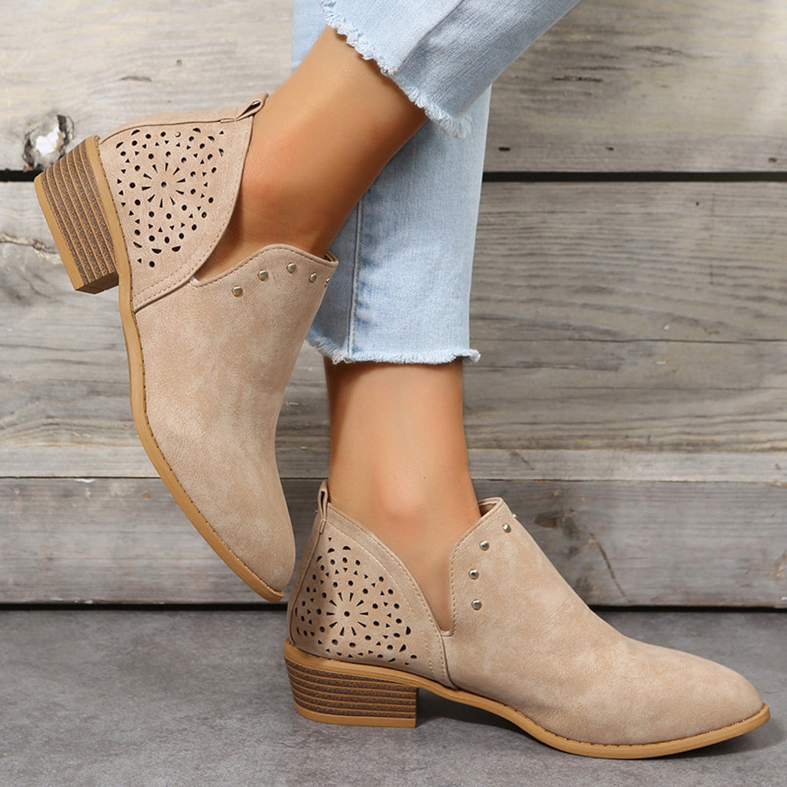 Wefuesd Ladies Fashion Solid Color Hollow Carved Pointed Stud Low Heel Vintage Short Boots Booties For Women Womens Fashion Khaki 38