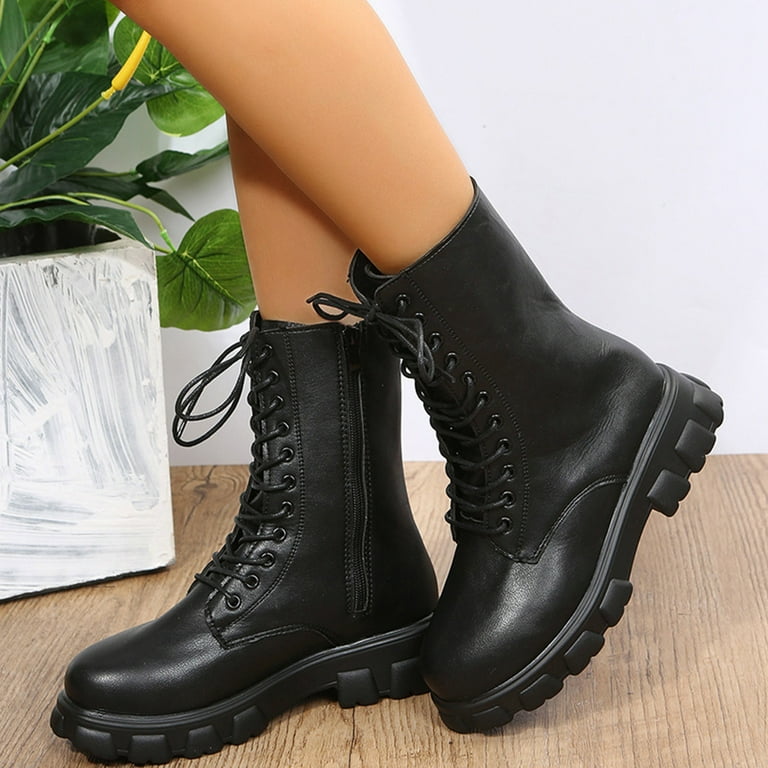 Wefuesd Ladies Fashion Solid Color Leather Round Toe Biker Boots Lace Up Platform Mid Boots Womens Fashion Boots For Women Black 40 Walmart