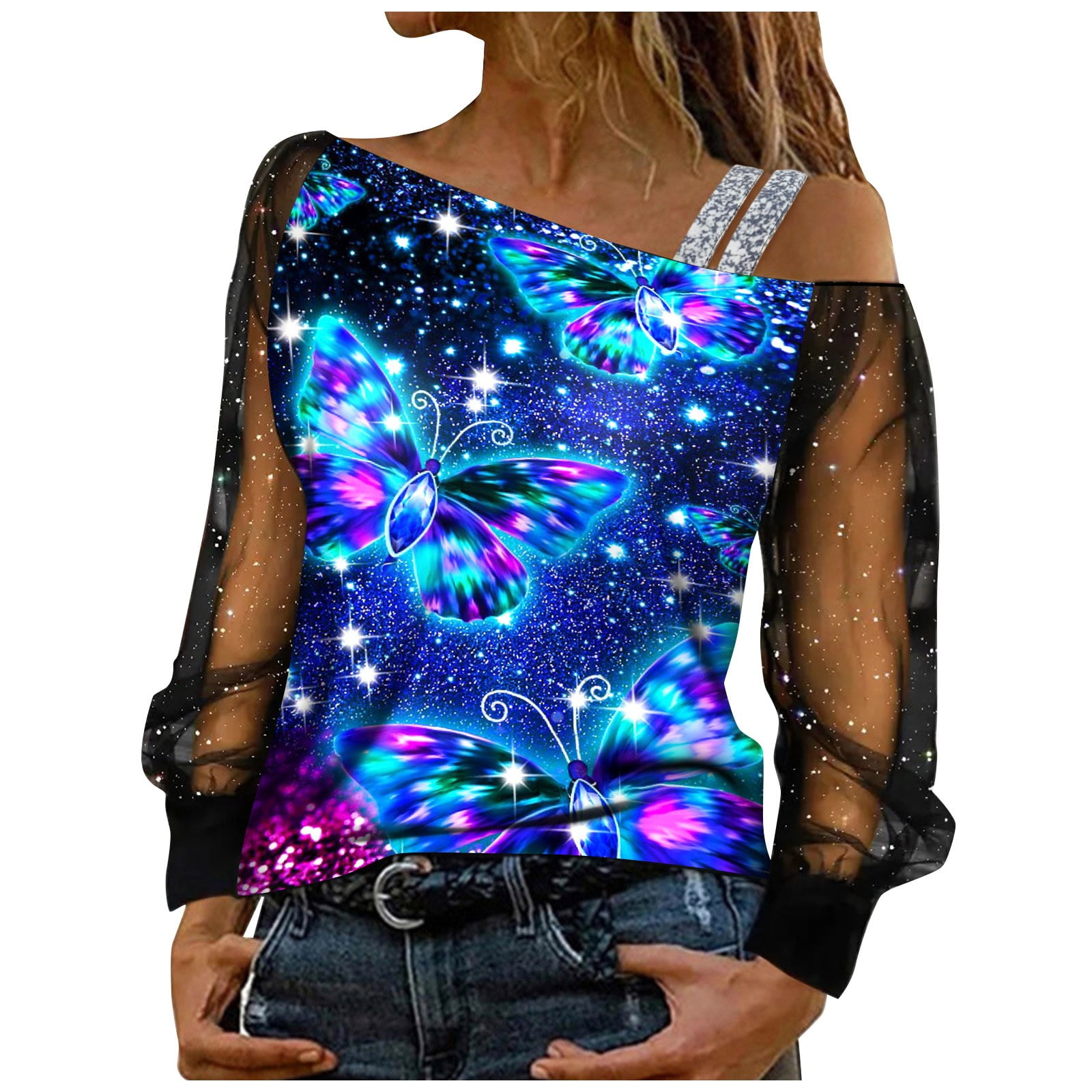 Wefuesd Long Sleeve Shirts For Women Women's Glittering Butterfly Print
