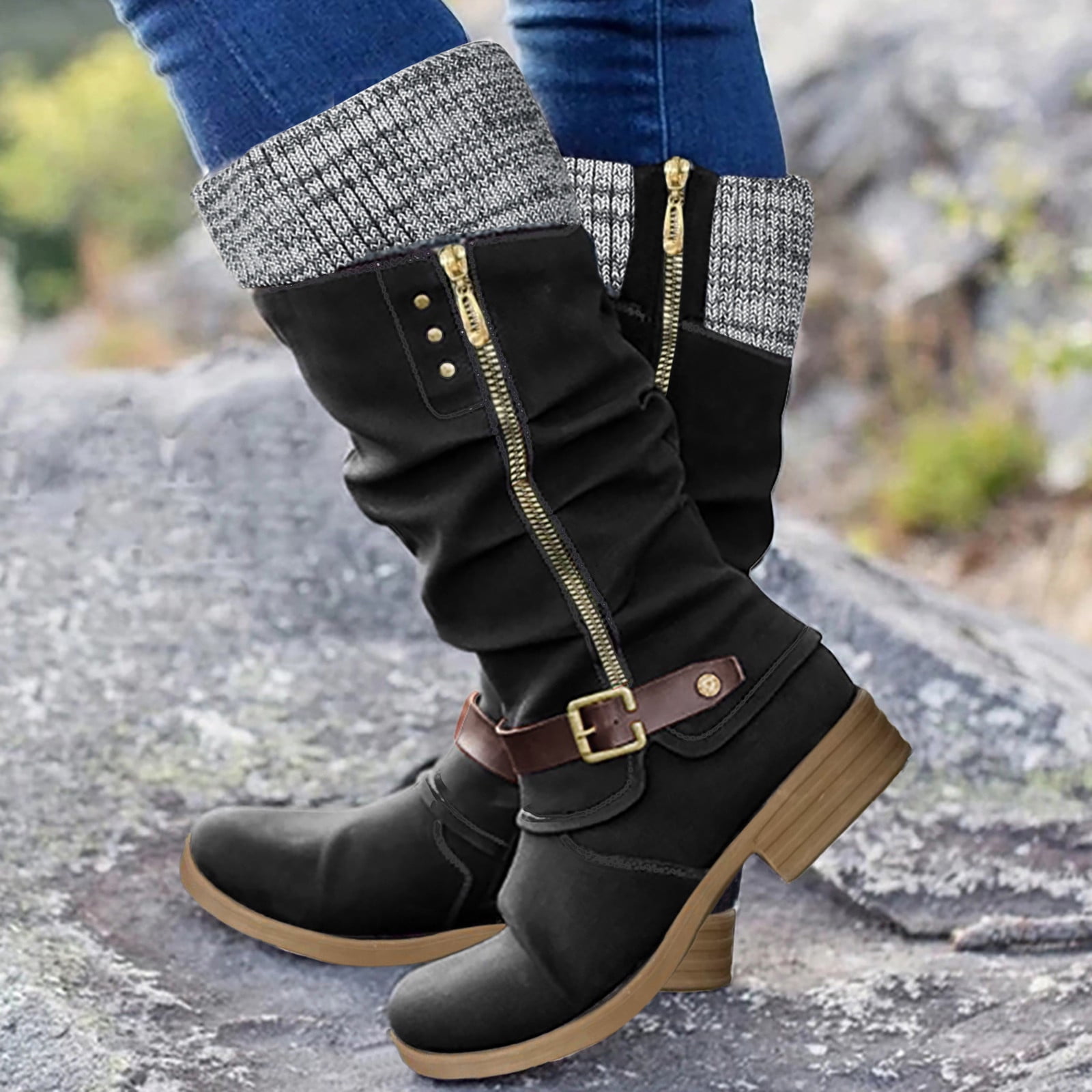 Wefuesd Size Flat High Colors Shoes Large Boots Women's Zipper Leisure Heels Mixed Women's Boots, Black Boots For Women, Thigh High Boots, Black 43
