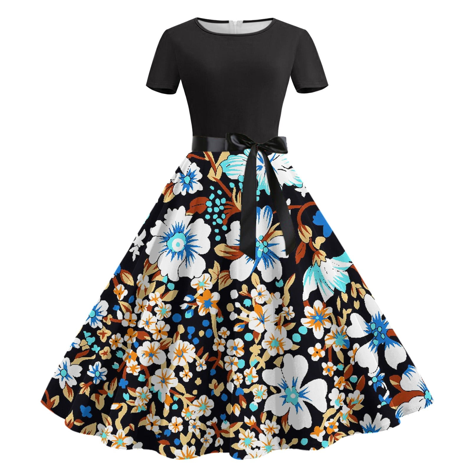 Wefuesd Dresses For Women Casual Short Sleeve Knee Length Retro A Line Flared Swing Formal Prom